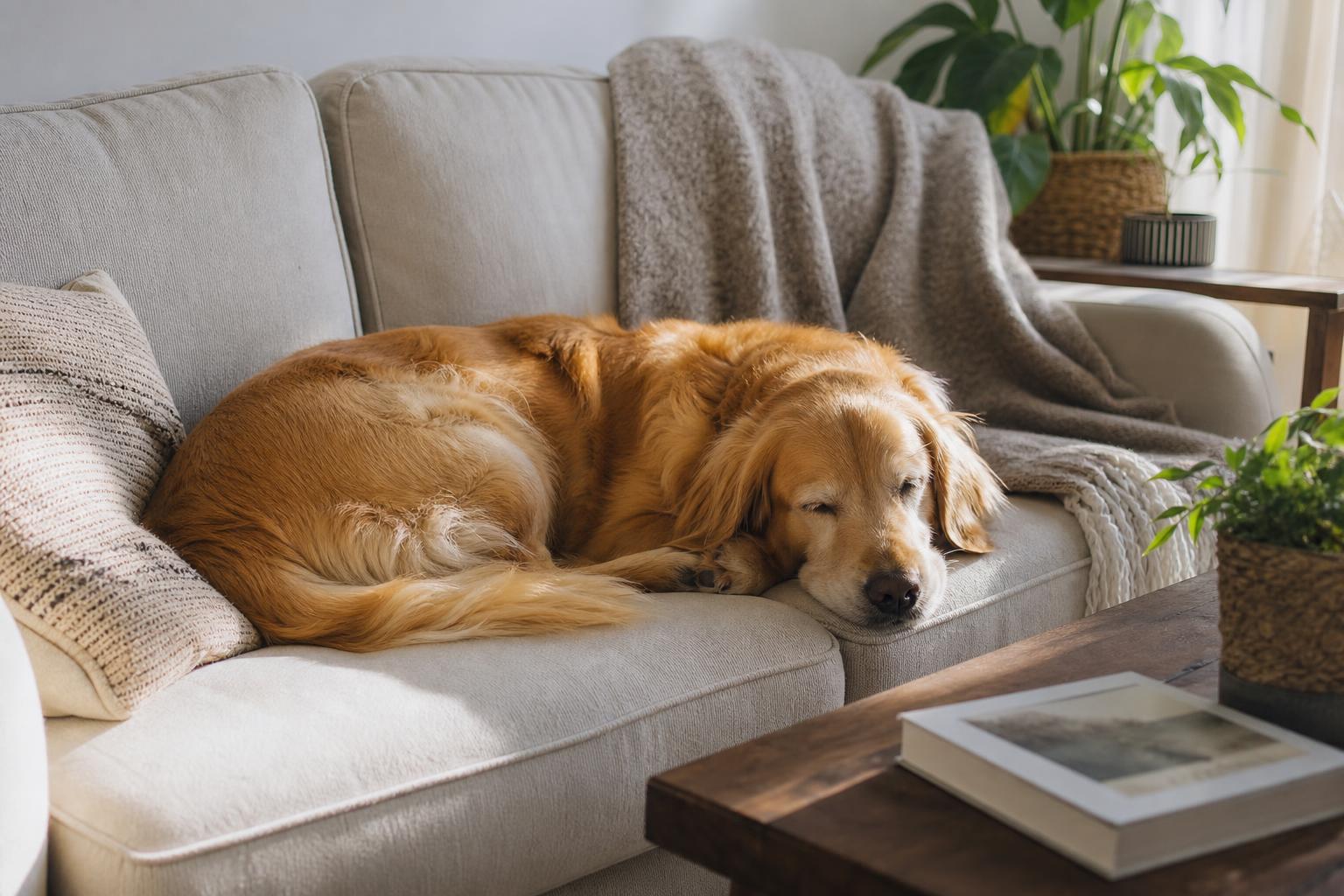 A dog resting comfortably on a couch in a warm, familiar home