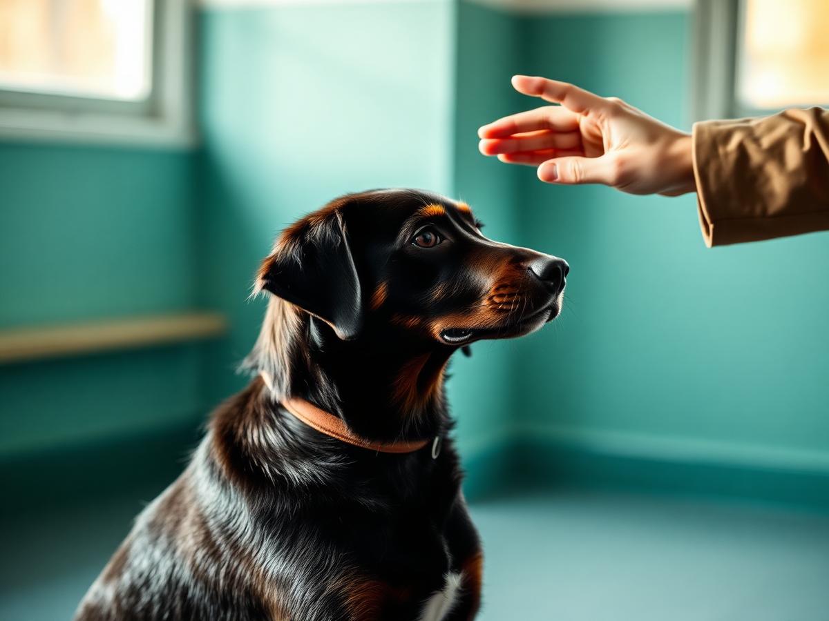 A focused dog working with a trainer