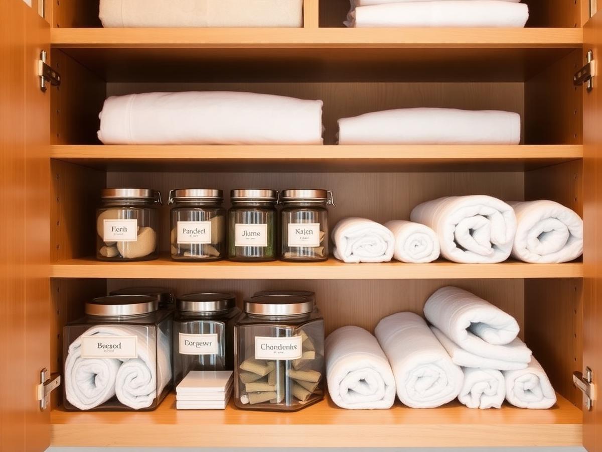 Cabinet storage with folded linens and labeled jars