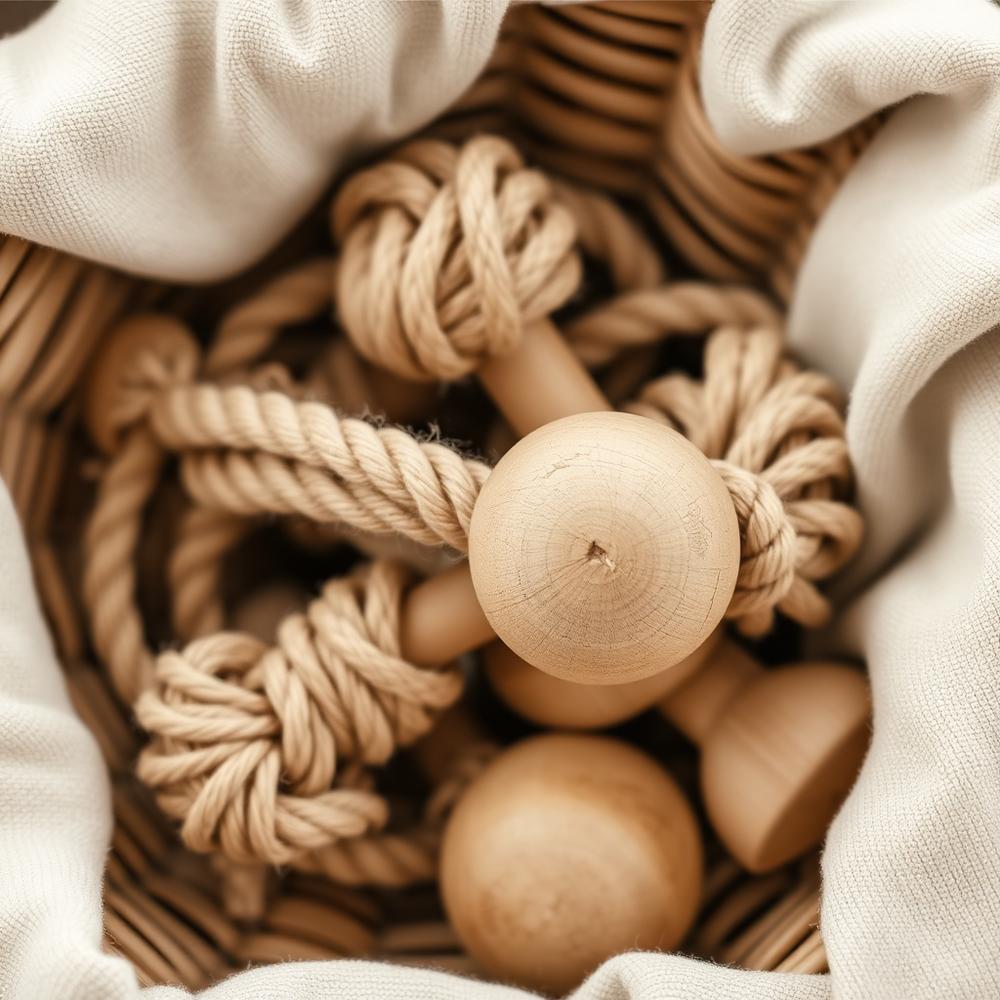 Natural rope and wooden enrichment toys in a basket