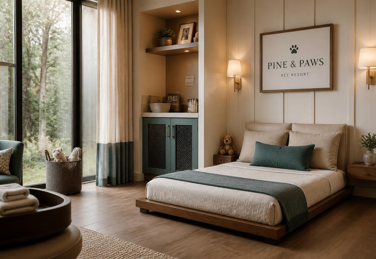 A boutique boarding suite with natural light, linen bedding, and warm wood finishes