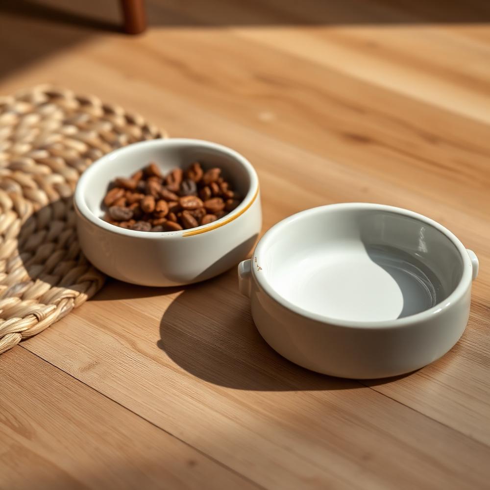 Ceramic feeding bowls on a woven mat