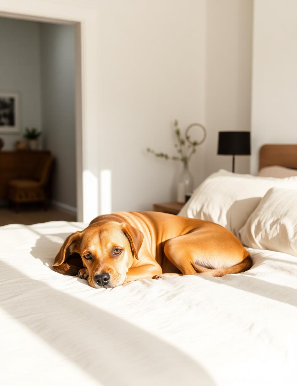 A dog resting on soft bedding inside a sunlit suite