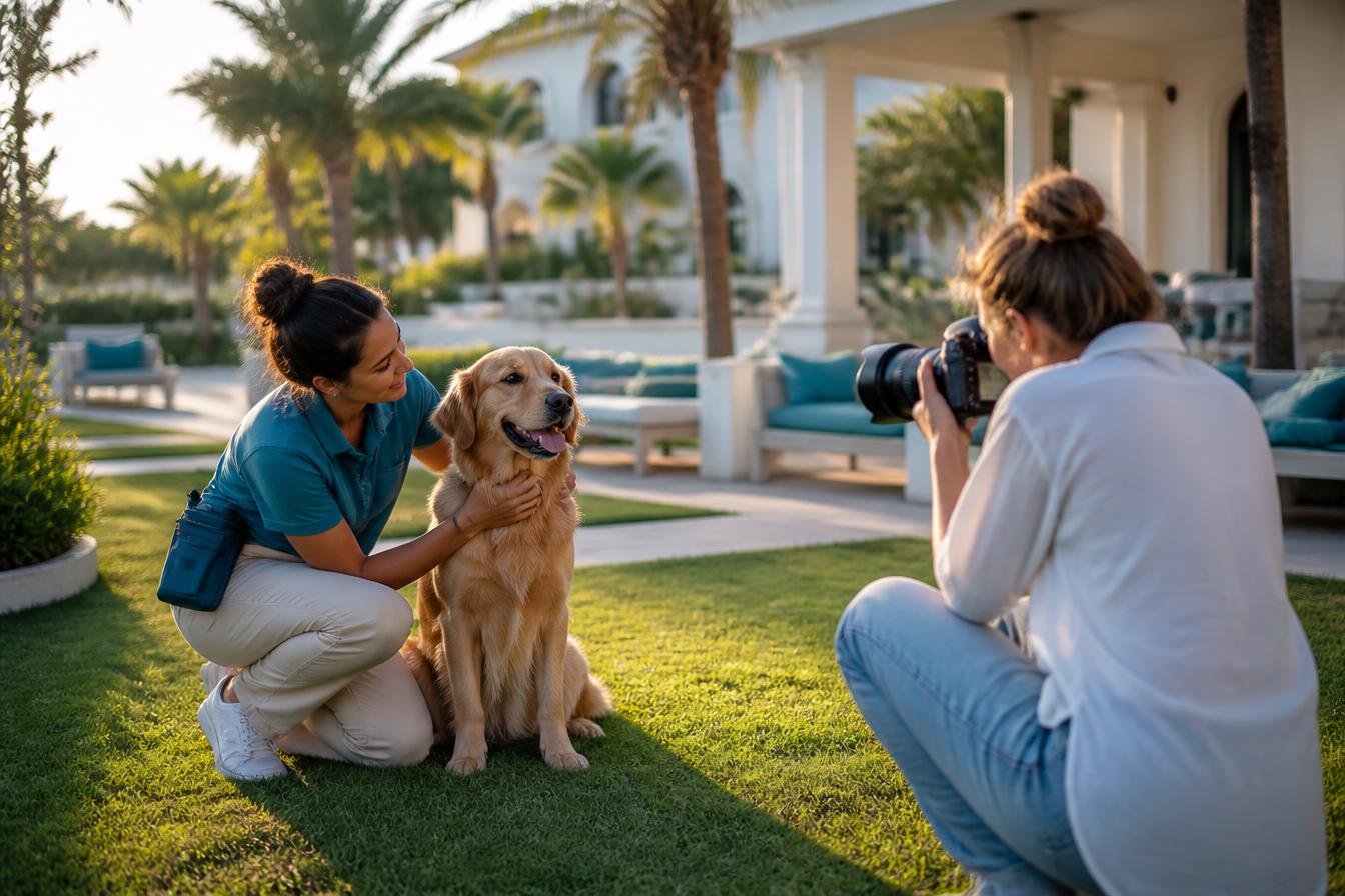 A trainer and creative collaborator working with a happy dog at Thee Quad Resorts